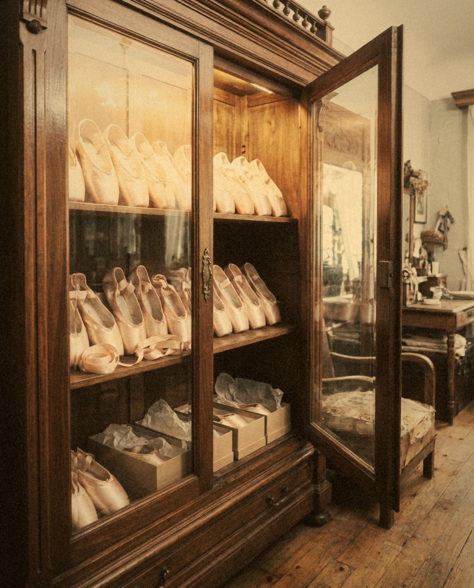 Vitrina antigua de madera con puertas de cristal y puntas de ballet de raso en las baldas